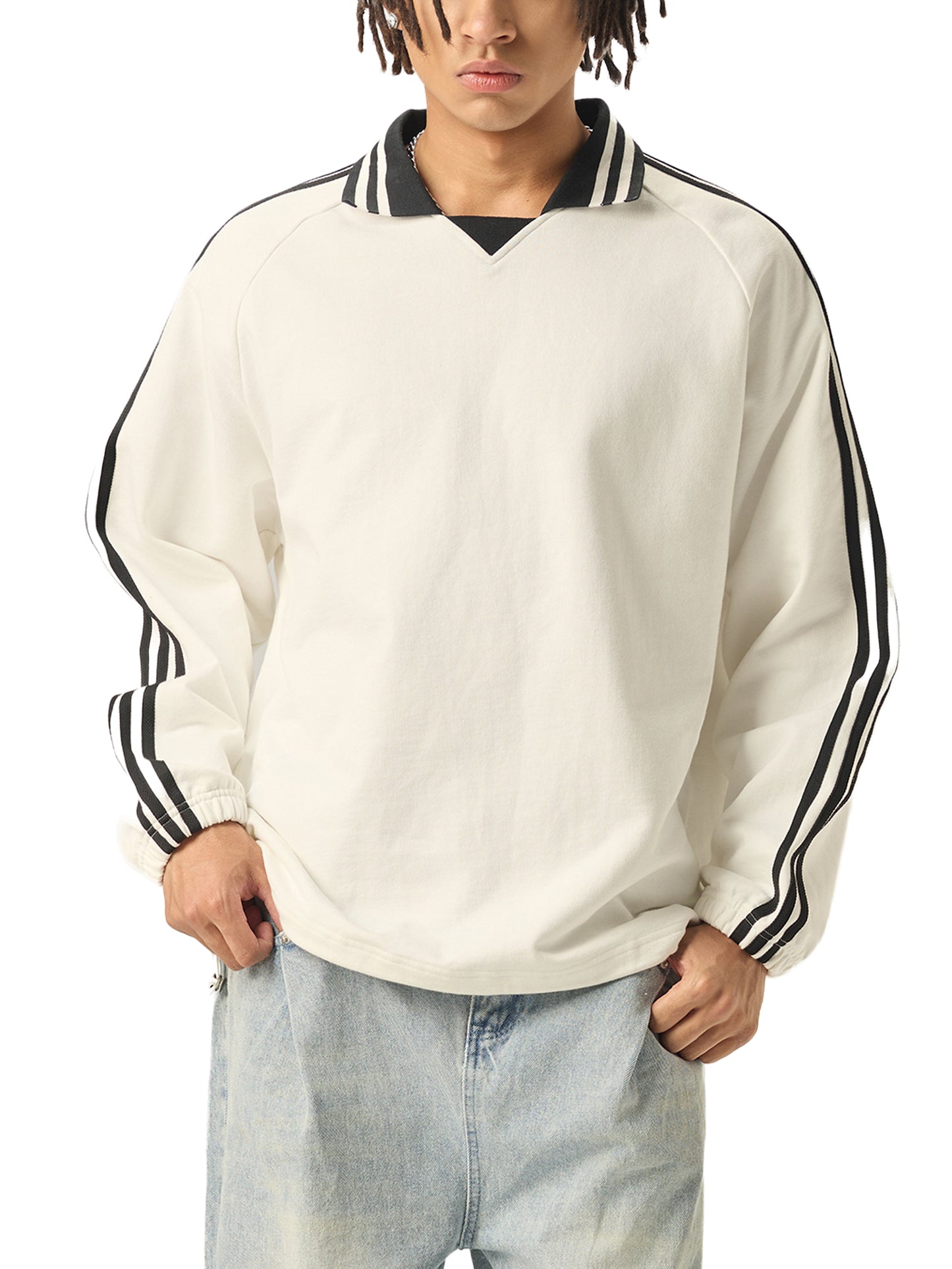 ATTRACTION Contrast Striped Lapel Collar Sweatshirt