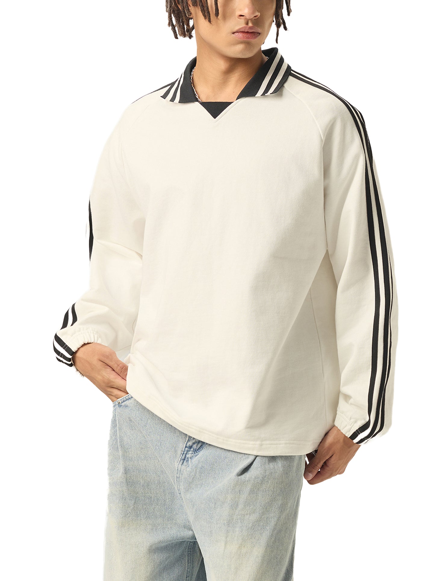 ATTRACTION Contrast Striped Lapel Collar Sweatshirt